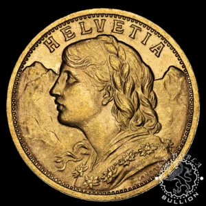 Moneda de Oro 20 Francos Suizos Vreneli – Suiza – 1897 a 1949 - Anverso