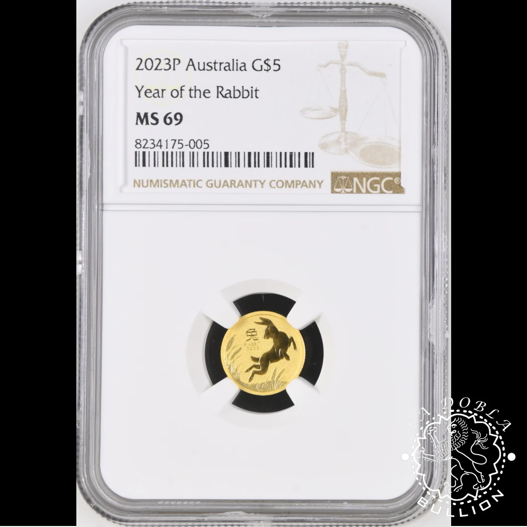 Moneda de Oro Serie Lunar III Conejo Veinteavo oz BU - Australia - 2023 - NGC MS69 - Reverso Encapsulado