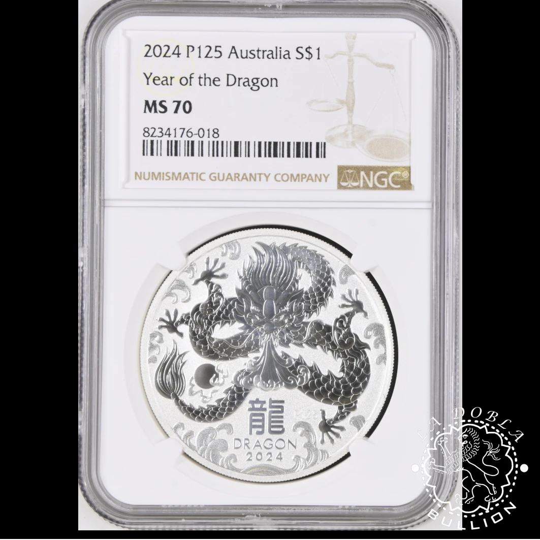 Moneda de Plata Serie Lunar III Año del Dragon 1 oz BU - Australia - 2024 - Encapsulada por NGC - MS70