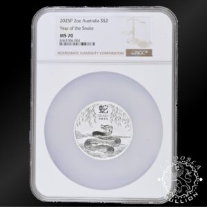 Moneda de Plata Serie Lunar III Serpiente 2oz BU - Australia - 2025 - NGC MS70 - Reverso