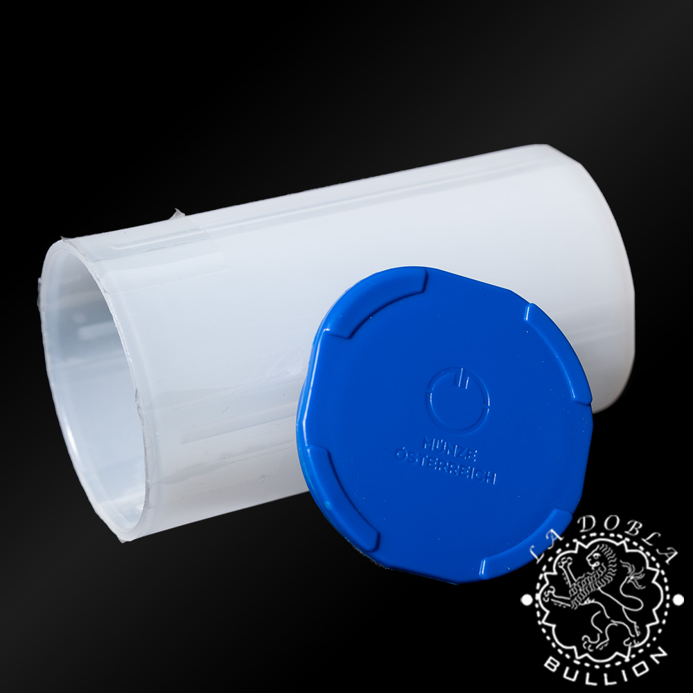 Tubo Vacío Oficial con Tapa Azul de la Münze Österreich para Moneda de Plata Filarmónica 1 Oz - Abierto