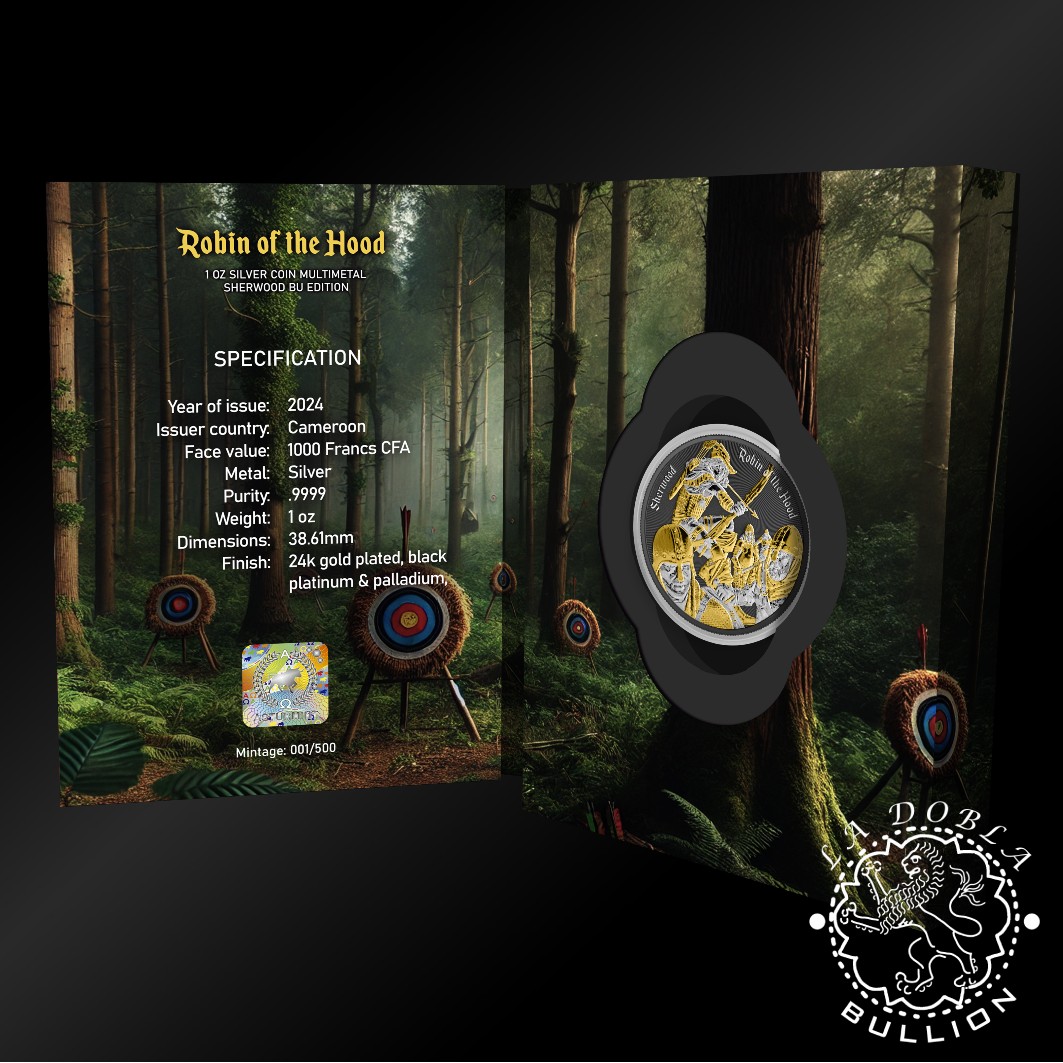 Moneda de Plata Sherwood Robin of the Hood 1 oz BU Multimetal - Camerún - 2024 - Blister Interior