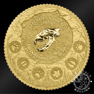 Moneda de Oro Megafauna León de las Cavernas 1 10 oz BU - Liberia - 2026 - Anverso