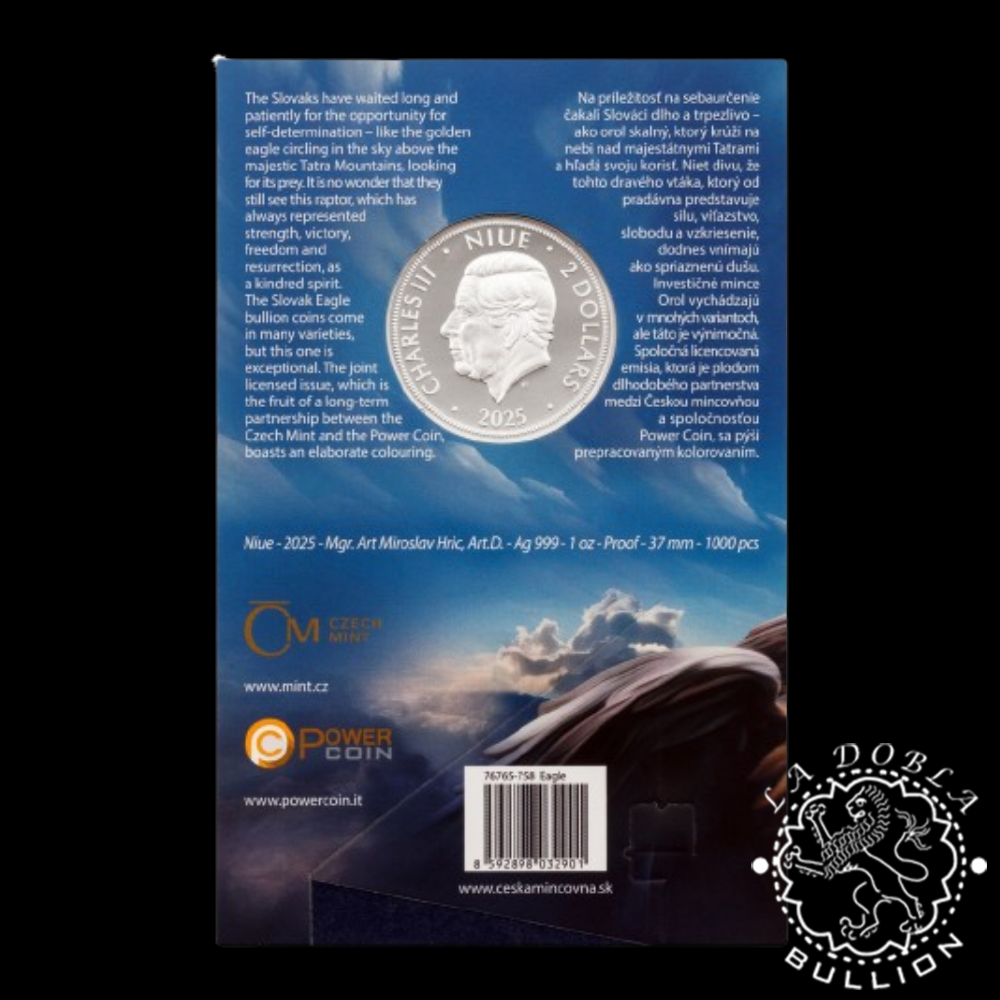Moneda de Plata Águila Eslovaca 1 oz BU - Niue - 2025 - Anverso Estuche